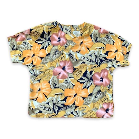 Vintage 80s Shirt Black Yellow Short Sleeve Tropical Dark Floral Crewneck Large - Picture 1 of 10